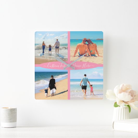 カスタムフォトコラージュ文字ファミリーラパーソナライズされたブ スクエア壁時計 (ホーム)