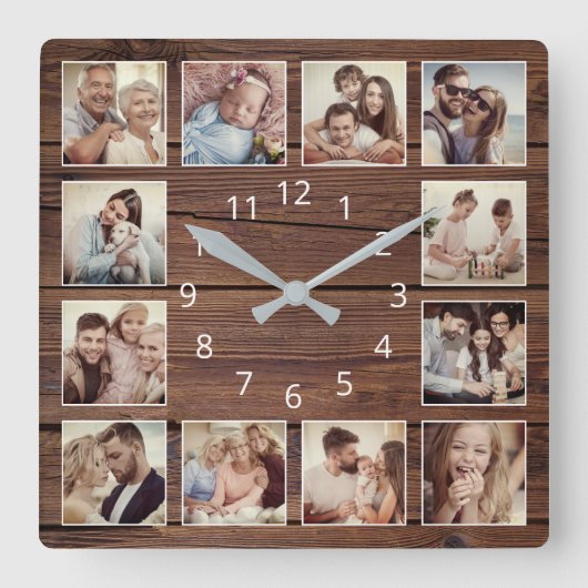 カスタムフォトコラージュ素朴ファームハウスファミリー スクエア壁時計 (正面)