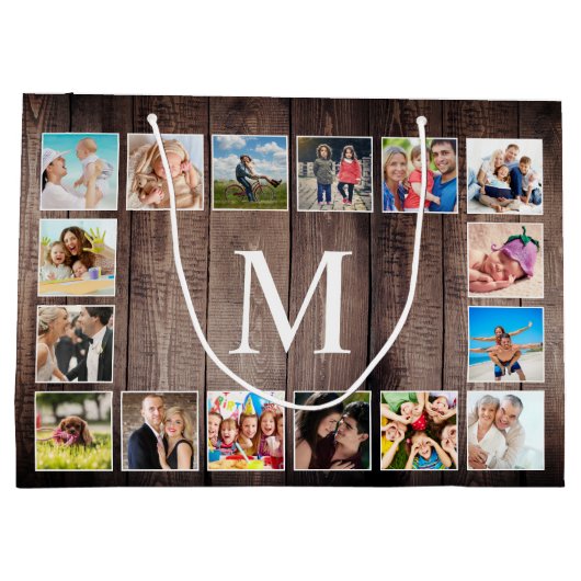 カスタムフォトコラージュ素朴ファームハウスファミリー ラージペーパーバッグ (裏面)