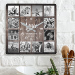 カスタムフォトコラージュ素朴ファームハウスラブファミリー スクエア壁時計<br><div class="desc">素朴な農家のパーソナライズされたスタイル木製の板の背景にカスタム自分の写真コラージュ、ローマ数字の壁の時計を作成する。時計の顔はまた、あなたの家族の名前、確立された年と"愛"手書きスクリプトを特徴とする。写真やお気に入りのデザイン、作品を追加して本当に何かを作ユニーク成する。このデザインテンプレートを編集するには、上に示すように独自の画像をアップロードし、文字フィールドを編集する。文字や画像、カスタマイズフォント、背景を簡単に追加できる。家族、友人、両親、祖父母のために自分自身を扱うか、完璧な贈り物を作りなさい！</div>