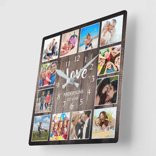 カスタムフォトコラージュ素朴ファームハウスラブファミリー スクエア壁時計 (傾斜)