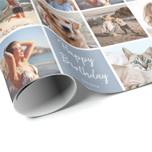 カスタムフォトコラージュ誕生日ブモダンルーグレー ラッピングペーパー (ロールコーナー)