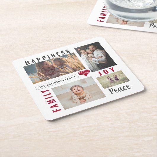 カスタムフォトコラージラブジョイファミリー スクエアペーパーコースター (アングル)