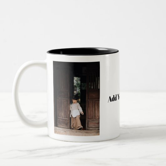 カスタムフォトコーヒー、写真とテキストを追加 ツートーンマグカップ (左)