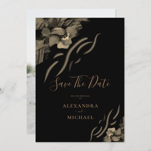 カスタムフォトゴールデン虹彩花結婚黒 セーブザデート (正面/裏面)