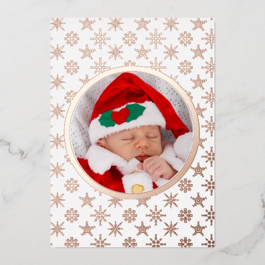 カスタムフォトサンタベビー雪片ホワイトレッド金ゴールド 箔シーズンカード (正面)
