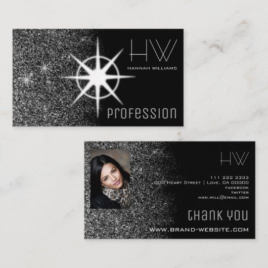 カスタムフォトシルバエレガントーグリッタープロフェッショナル 名刺 (正面/裏面)