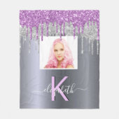 カスタムフォトシルバーグリッターパープルモノグラム名 フリースブランケット (正面)