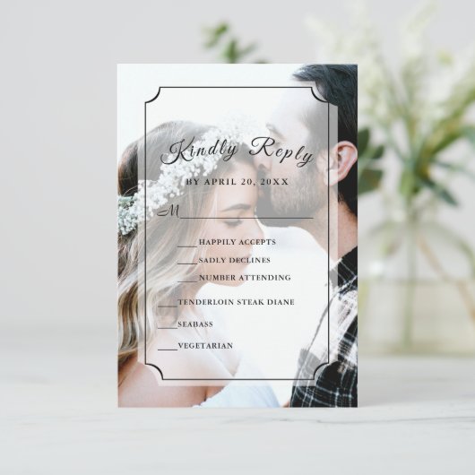 カスタムフォトシンプルスクリプエレガントト垂直 出欠カード (スタンド正面)