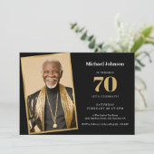 カスタムフォトシンプル金ゴールドブラック70th誕生日パーティー 招待状 (スタンド正面)