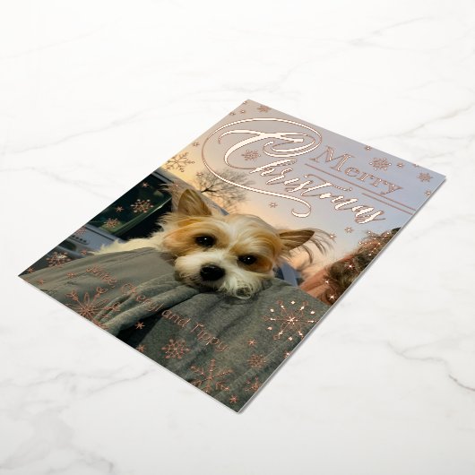 カスタムフォトスノーフレークタイポグラフィクリスマス 箔シーズンカード (回転した状態)