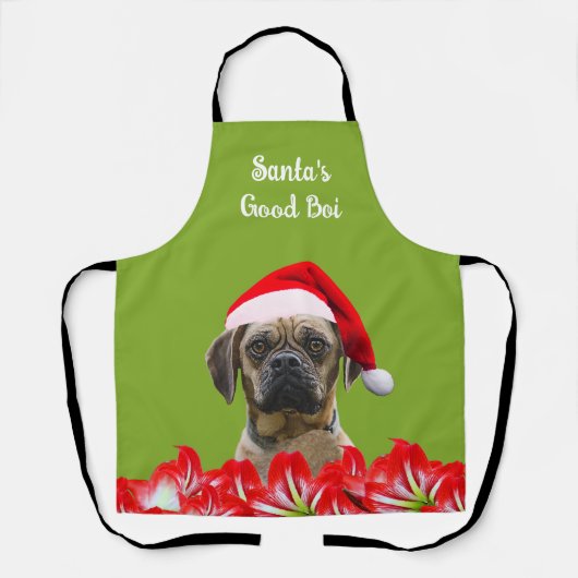 カスタムフォトドッグレッドサンタハット&蘭ママの贈り物 エプロン (正面)