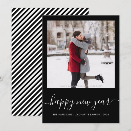 カスタムフォトハッピーニューイヤー白黒スクリプト シーズンカード (正面/裏面)