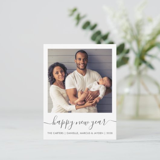 カスタムフォトハッピーニューイヤーGray Script シーズンポストカード (スタンド正面)