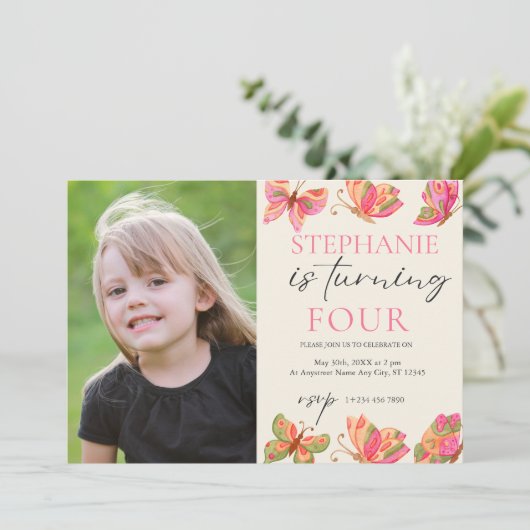 カスタムフォトバタフライガールズバースデーパーティー 招待状 (スタンド正面)