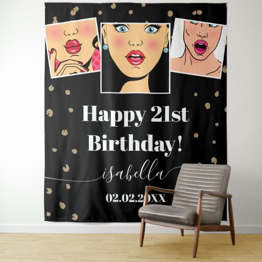 カスタムフォトバースデーモダンタパーティー黒の背景 タペストリー (インサイチュ)