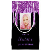 カスタムフォトバースデー黒パープルグリッター乾燥 スモールペーパーバッグ (正面)