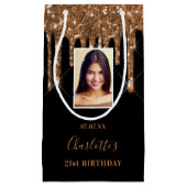 カスタムフォトバースデー黒金ゴールドグリッター乾燥 スモールペーパーバッグ (正面)