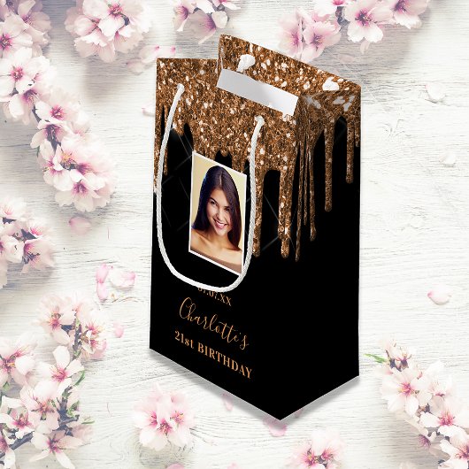 カスタムフォトバースデー黒金ゴールドグリッター乾燥 スモールペーパーバッグ