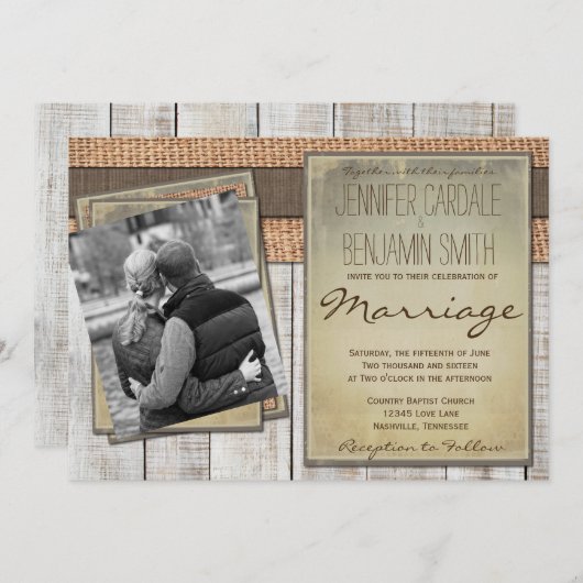 カスタムフォトバーラップバーンウッド結婚式招待状 招待状 (正面/裏面)