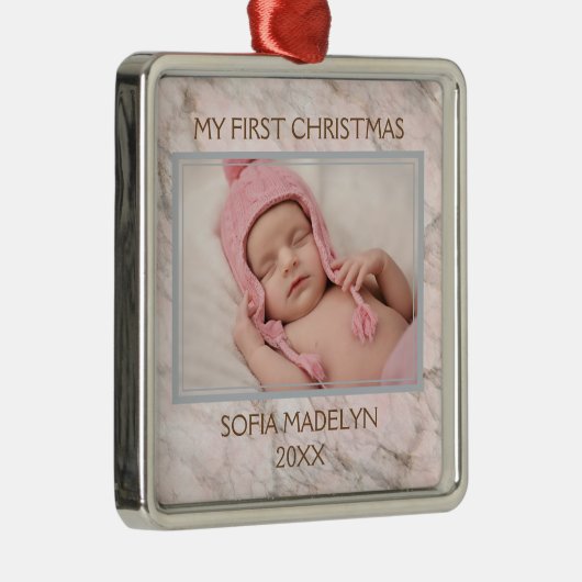 カスタムフォトパステルピンクグレーマーブルパターン メタルオーナメント (右)