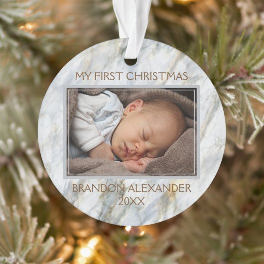 カスタムフォトパステルブルーグレーマーブルパターン オーナメント (ツリー)