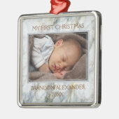 カスタムフォトパステルブルーグレーマーブルパターン メタルオーナメント (左)