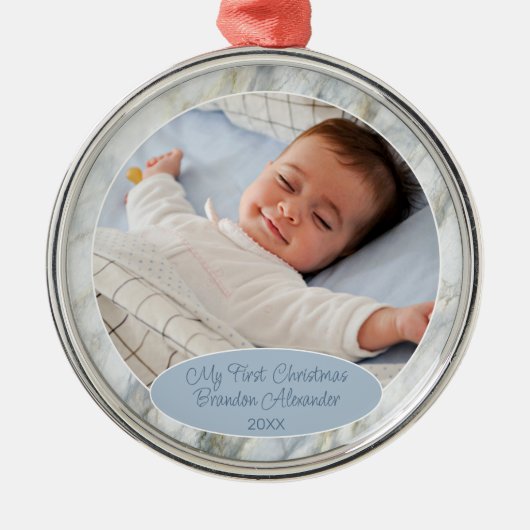 カスタムフォトパステルブルーグレー大理石パターン2023 メタルオーナメント (正面)