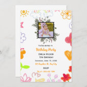 カスタムフォトパープルイエロー誕生日招待状 招待状 (正面/裏面)