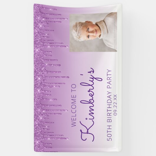 カスタムフォトパープルグリッタードリップ50誕生日 横断幕 (縦)
