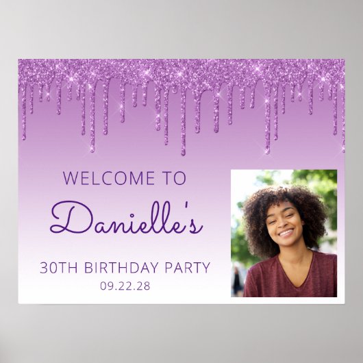 カスタムフォトパープルグリッター30歳の誕生日へようこそ ポスター (正面)