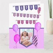 カスタムフォトパープルバンティングとバルーン誕生日 カード (正面)