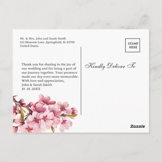 カスタムフォトピンクさくらんぼの花結婚咲きありがとう ポストカード (裏面)