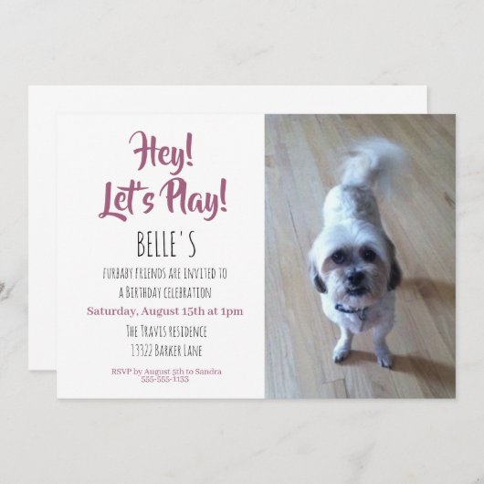 カスタムフォトピンクの子犬の誕生日パーティー 招待状 (正面/裏面)