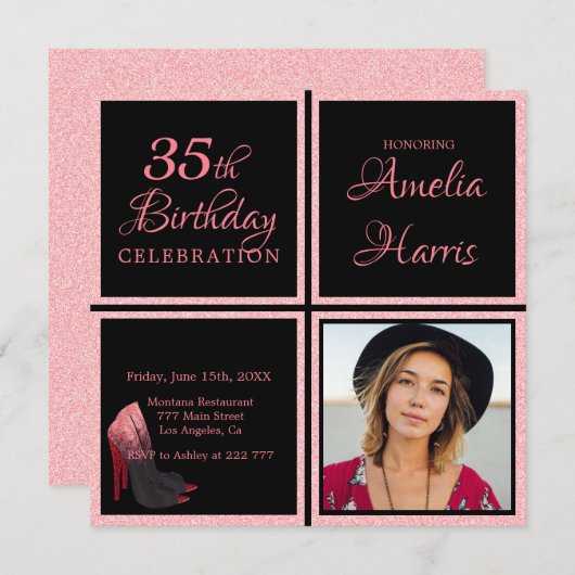 カスタムフォトピンクグリッター誕生日 招待状 (正面/裏面)