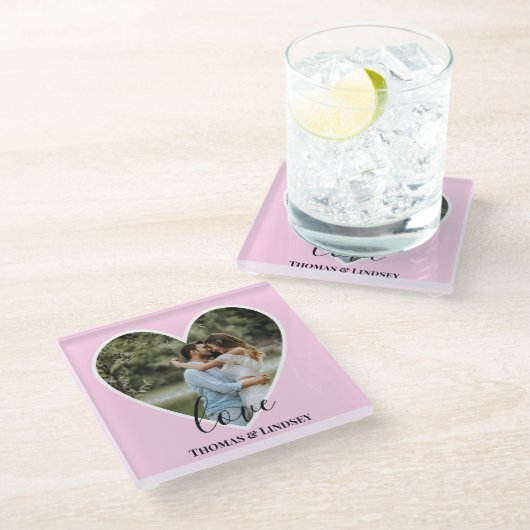 カスタムフォトピンクハートフレーム書モダン跡 ガラスコースター (アングル)