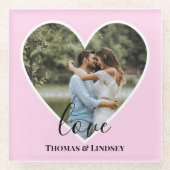 カスタムフォトピンクハートフレーム書モダン跡 ガラスコースター (正面)