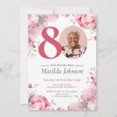 カスタムフォトピンクフローラ80誕生日招待状 招待状 (正面)