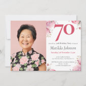 カスタムフォトピンク水彩フローラ70誕生日 招待状 (正面)