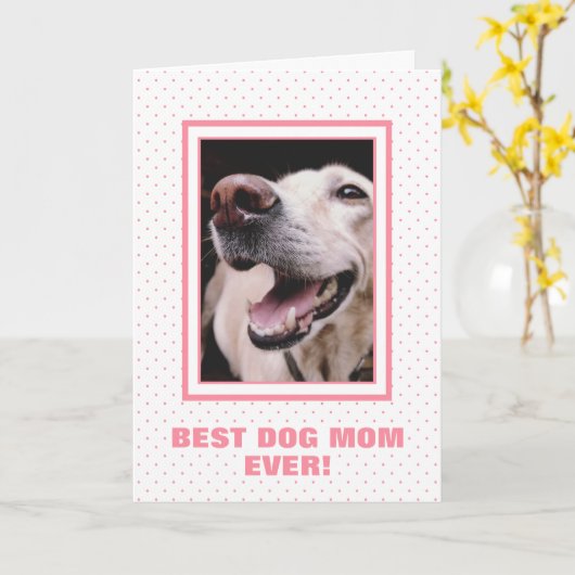 カスタムフォトピンク水玉模様ドッグ母の日 カード (黄色い花)