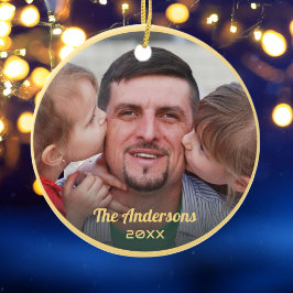 カスタムフォトファミリー名金ゴールドフレームスクリプエレガントト セラミックオーナメント