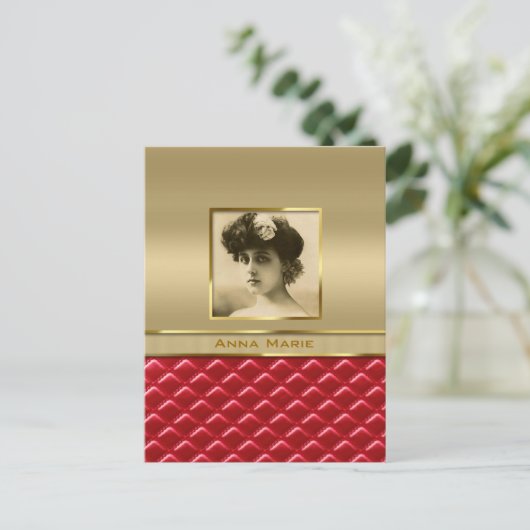カスタムフォトフレームフェイク金ゴールドキルトレッドレザー ポストカード (スタンド正面)