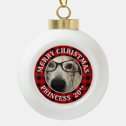 カスタムフォトフレーム国赤バッファローチェックプレイド セラミックボールオーナメント (正面)