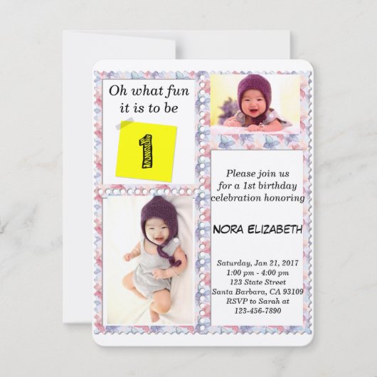 カスタムフォトフローラフレーム1st誕生日招待状 招待状 (正面)
