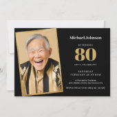 カスタムフォトブラックと金ゴールド80誕生日 招待状 (正面)