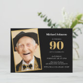 カスタムフォトブラックと金ゴールド90th誕生日パーティー 招待状 (スタンド正面)
