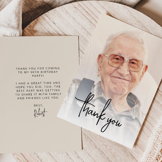 カスタムフォトブラックスクリプト90th誕生日パーティー サンキューカード