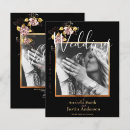 カスタムフォトブラックフローラ金ゴールドスクリプ結婚ト 招待状