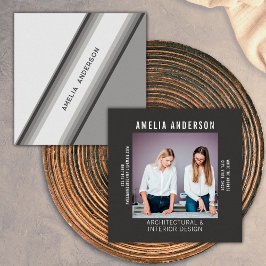 カスタムフォトブラック&ホワイトレトロストライプ70s、80s スクエア名刺