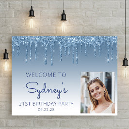 カスタムフォトブルーグリッター21歳の誕生日へようこそ ポスター